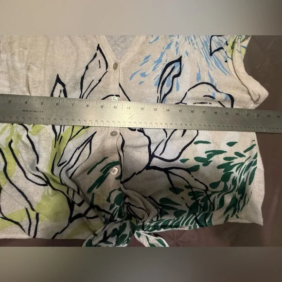 NIC+ZOE Cream/Green Waterfront Short Sleeve Button Tie Sweater Top Medium $128 - Picture 10 of 11